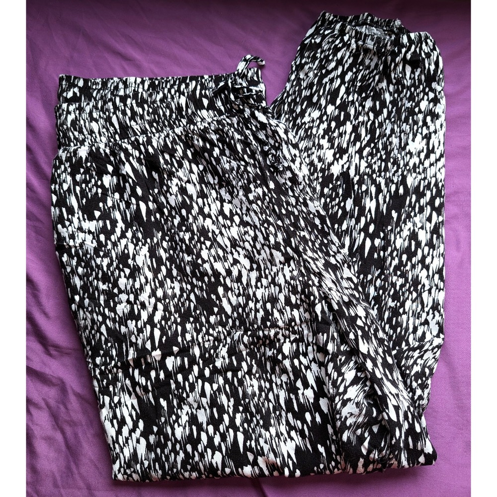 VTG 90s BOOM Barrel Leg Harem Pull On Pants Paint Splatter Black & White Balloon